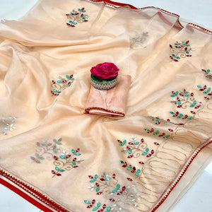 Cream Embellished With Embroidered Organza Saree