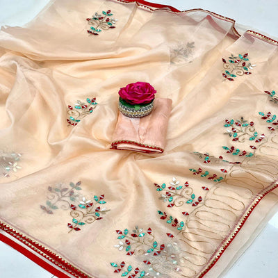 Cream Embellished With Embroidered Organza Saree