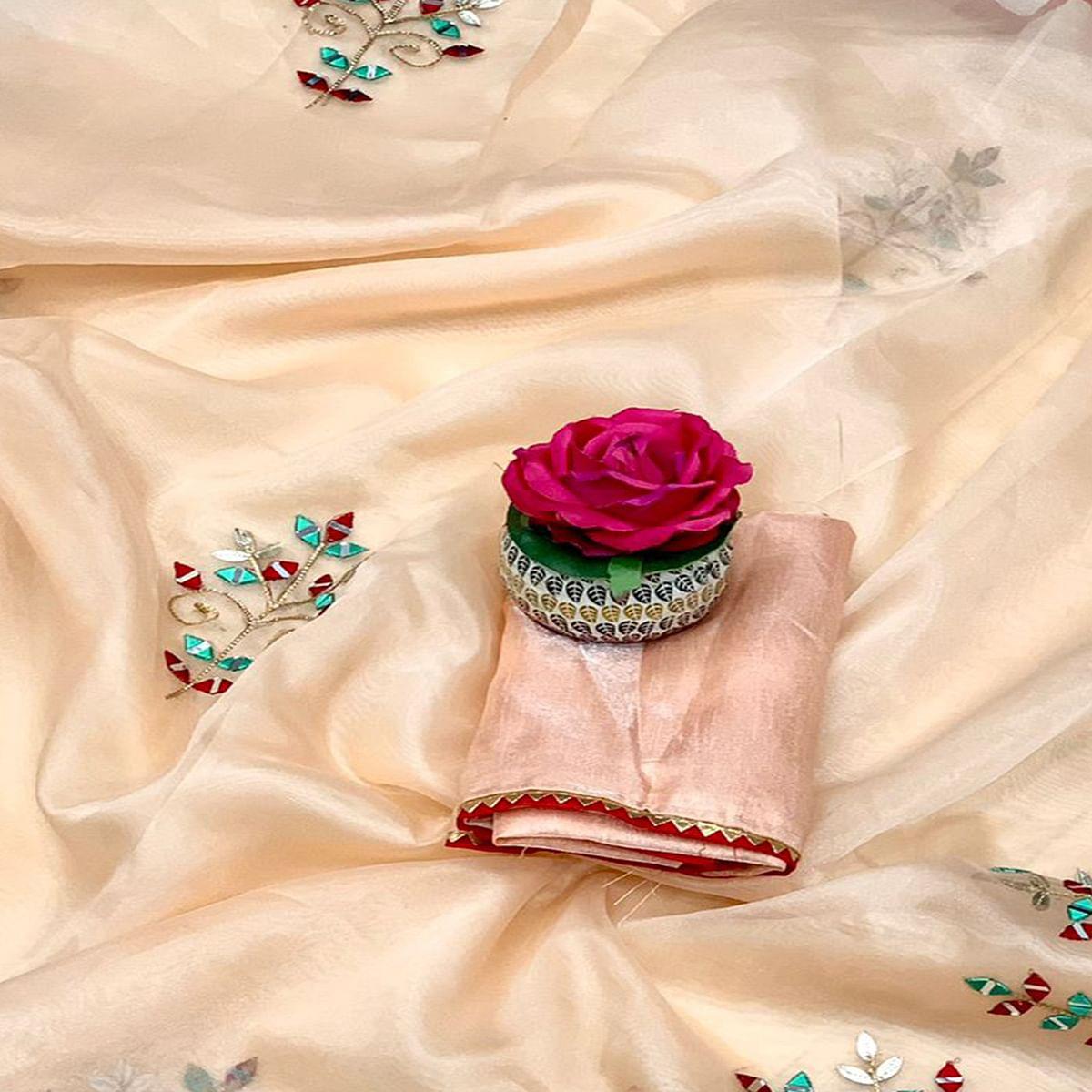Cream Embellished With Embroidered Organza Saree