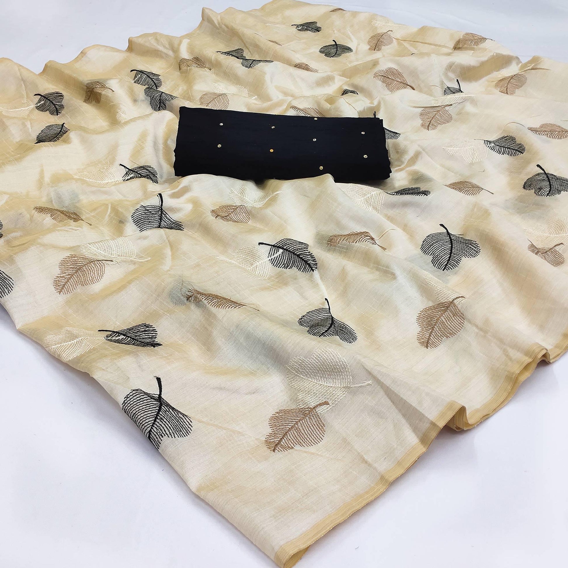 Cream Embroidered Assam Silk Saree