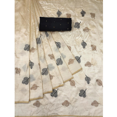 Cream Embroidered Assam Silk Saree