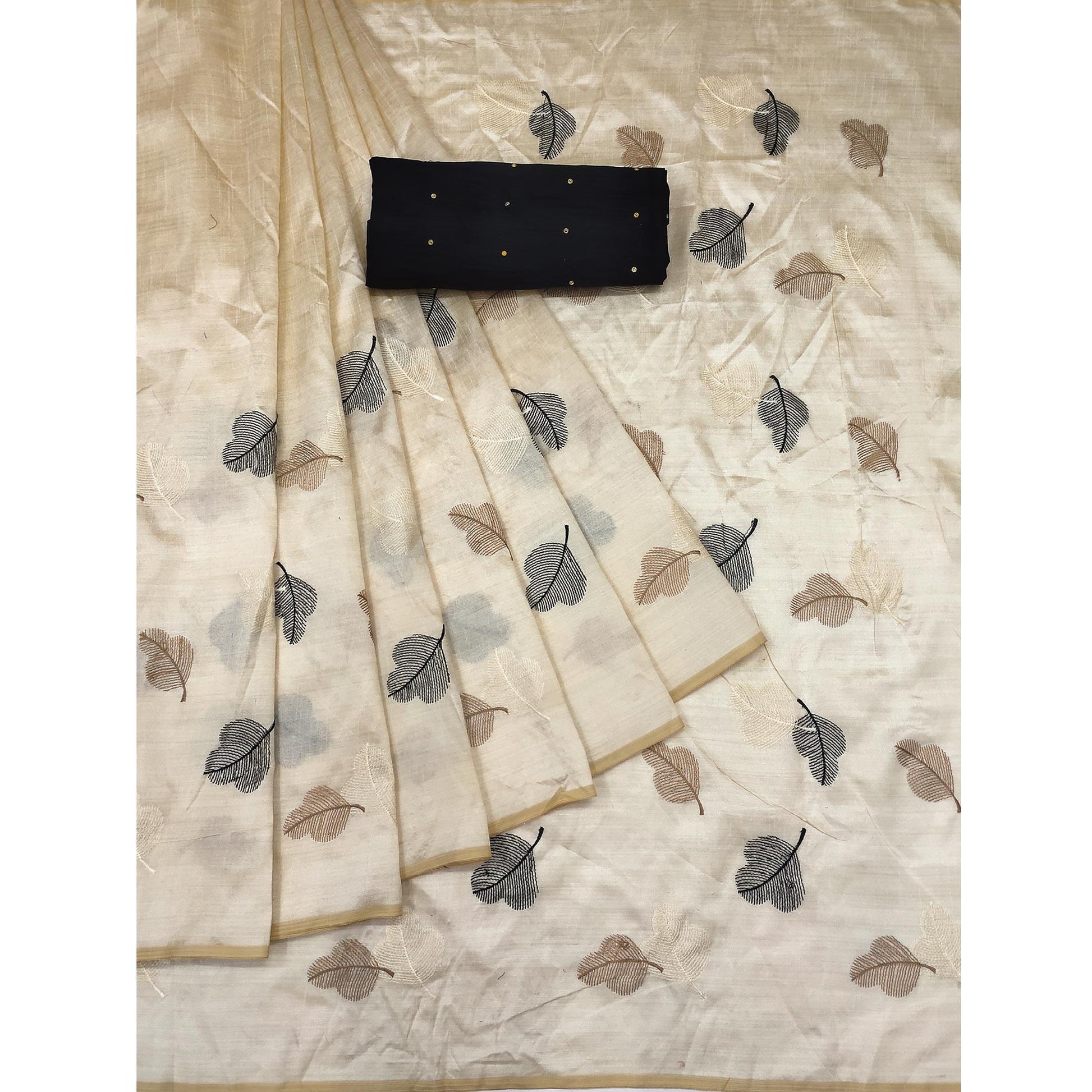 Cream Embroidered Assam Silk Saree