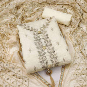 Cream Embroidered Chanderi Dress Material