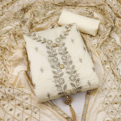Cream Embroidered Chanderi Dress Material