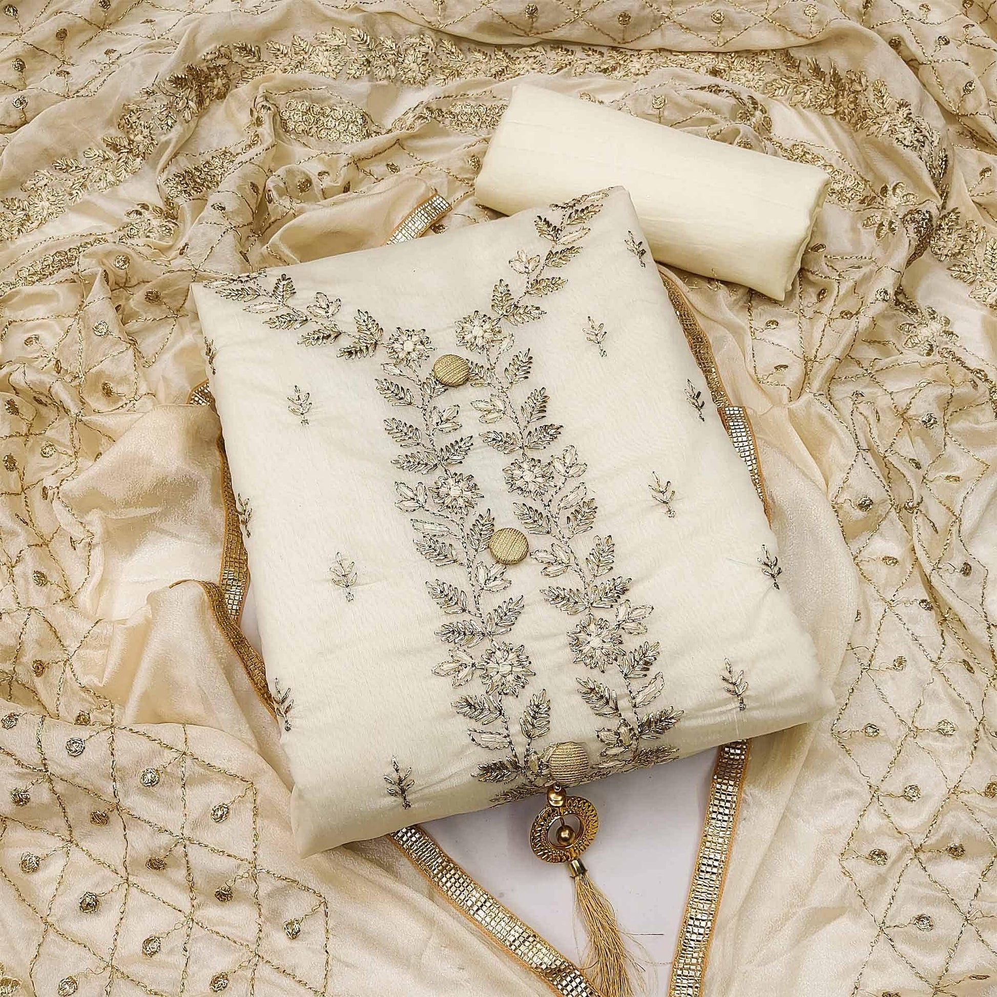 Cream Embroidered Chanderi Dress Material