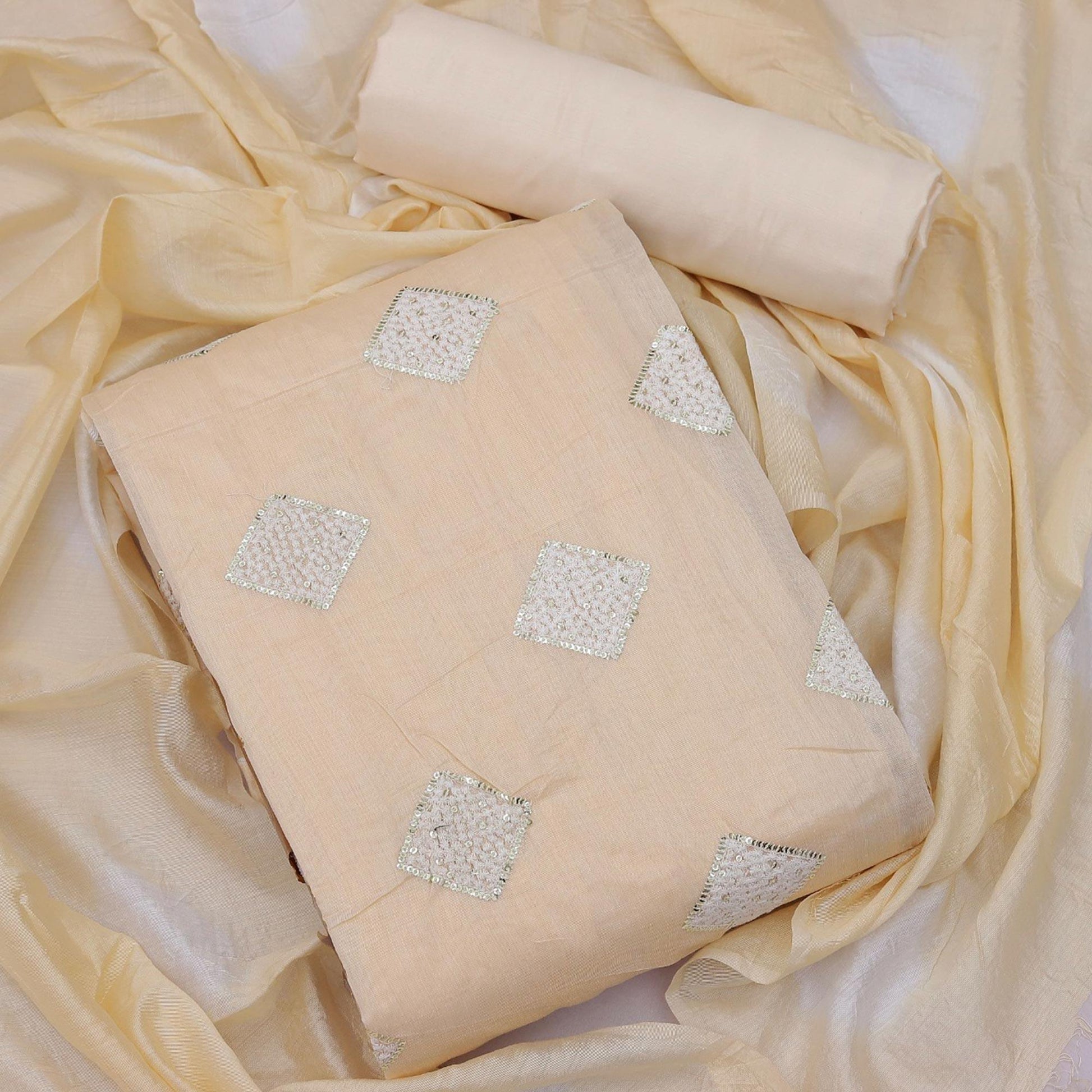 Cream Embroidered Chanderi Dress Material