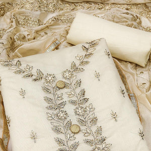 Cream Embroidered Chanderi Dress Material