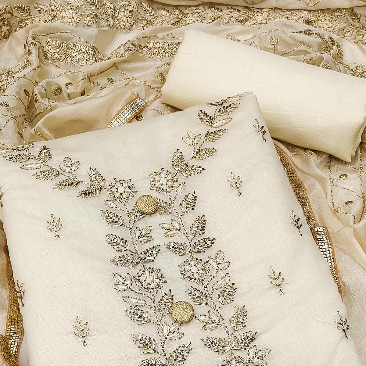 Cream Embroidered Chanderi Dress Material