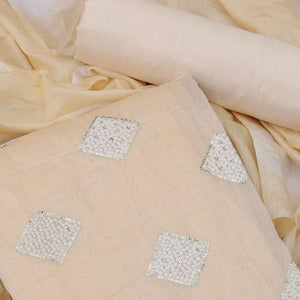 Cream Embroidered Chanderi Dress Material