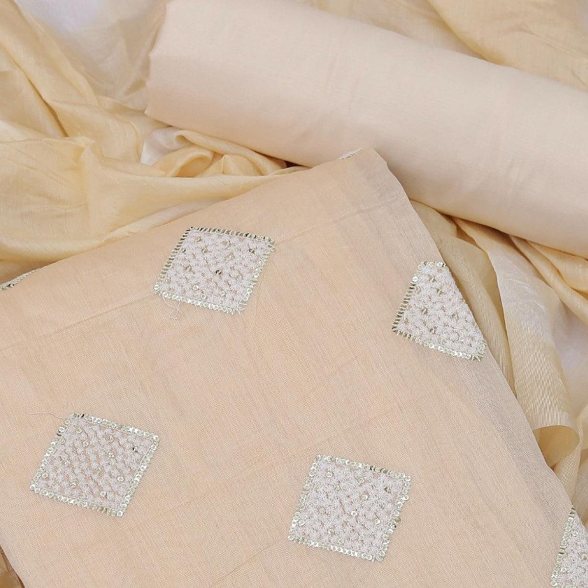 Cream Embroidered Chanderi Dress Material