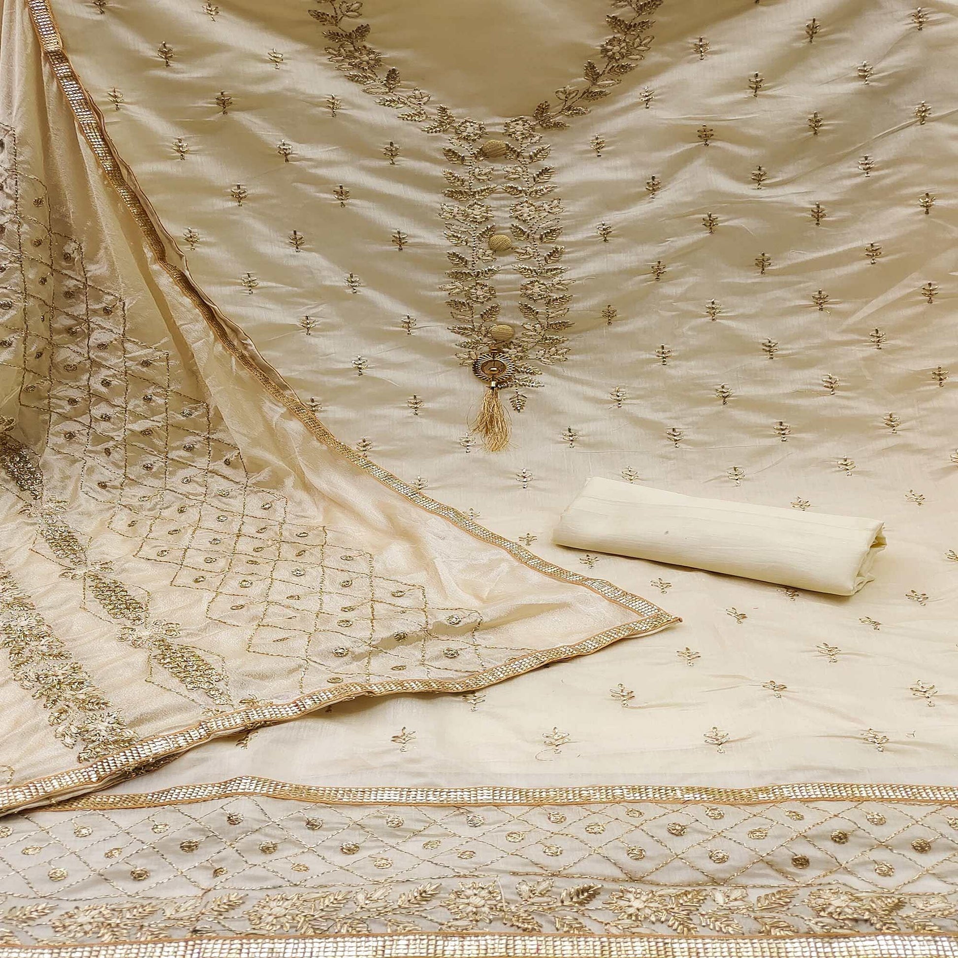 Cream Embroidered Chanderi Dress Material