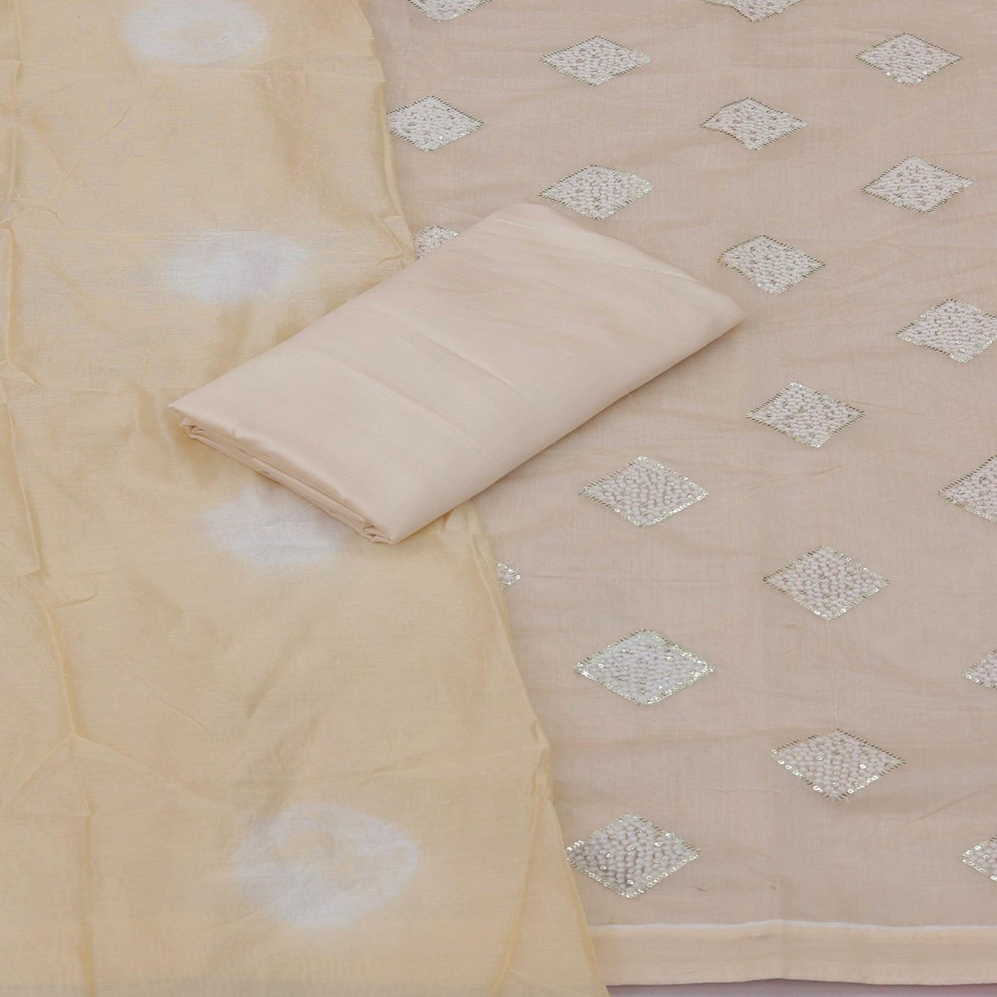 Cream Embroidered Chanderi Dress Material