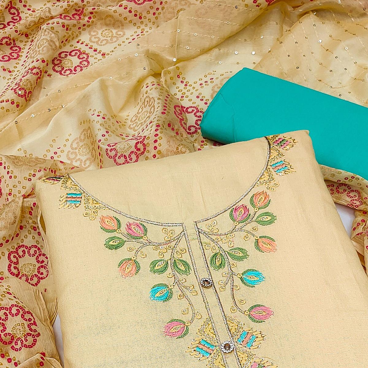 Cream Embroidered Cotton Dress Material