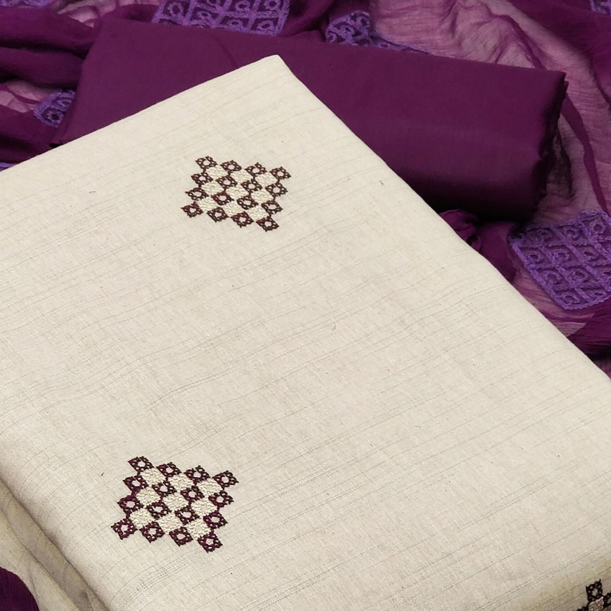 Cream Embroidered Cotton Dress Material