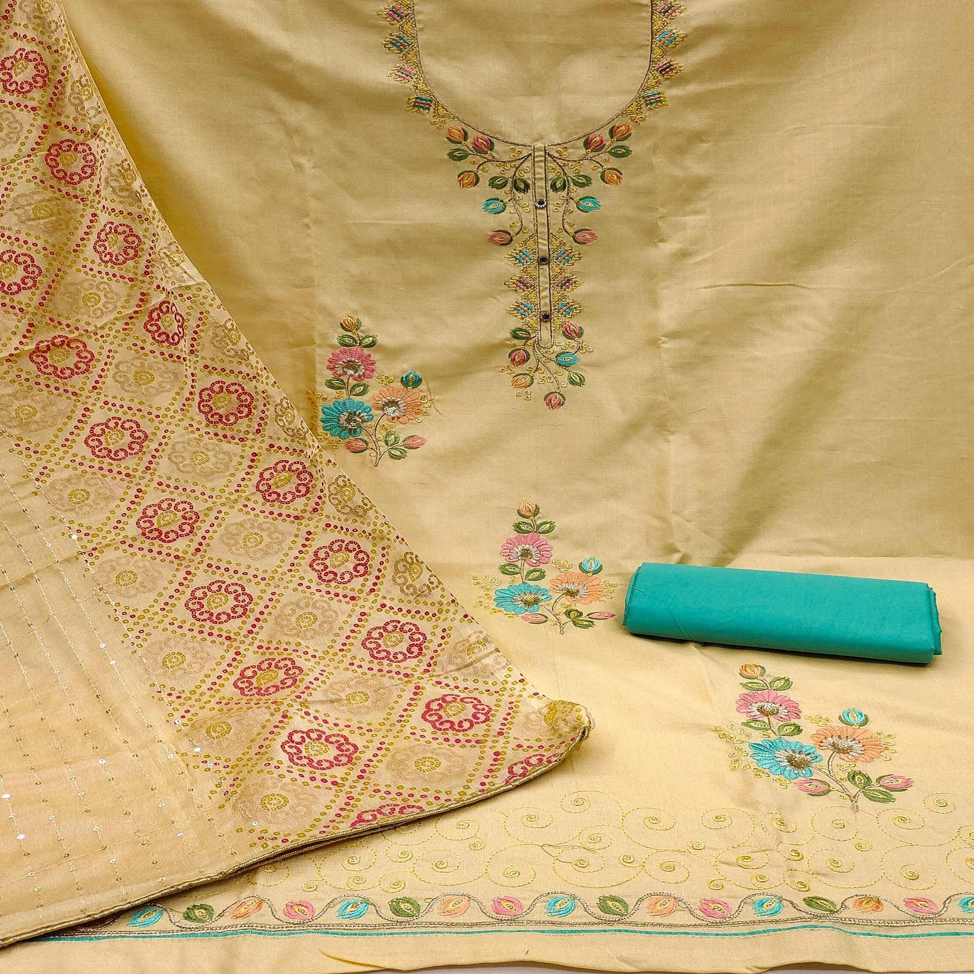 Cream Embroidered Cotton Dress Material