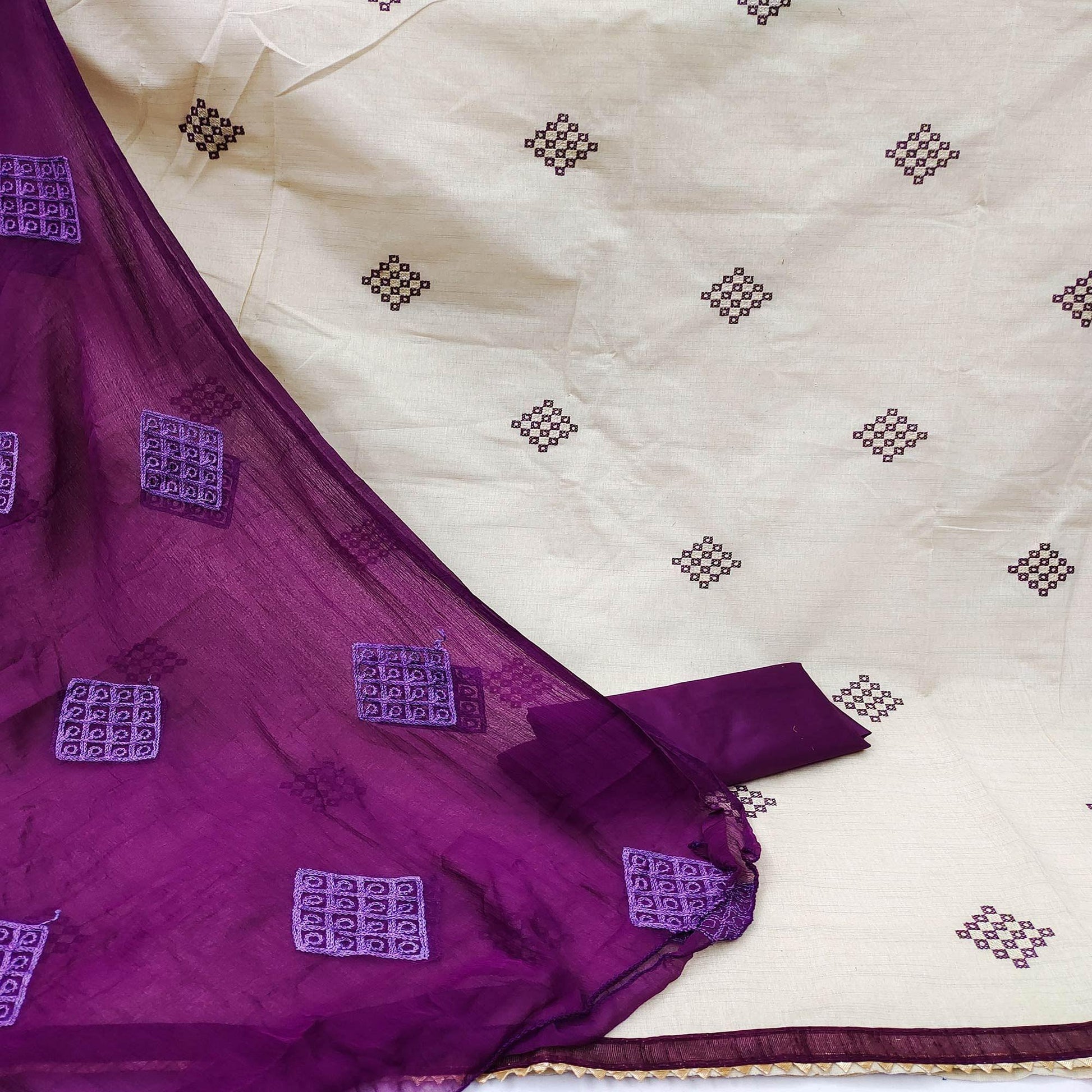 Cream Embroidered Cotton Dress Material