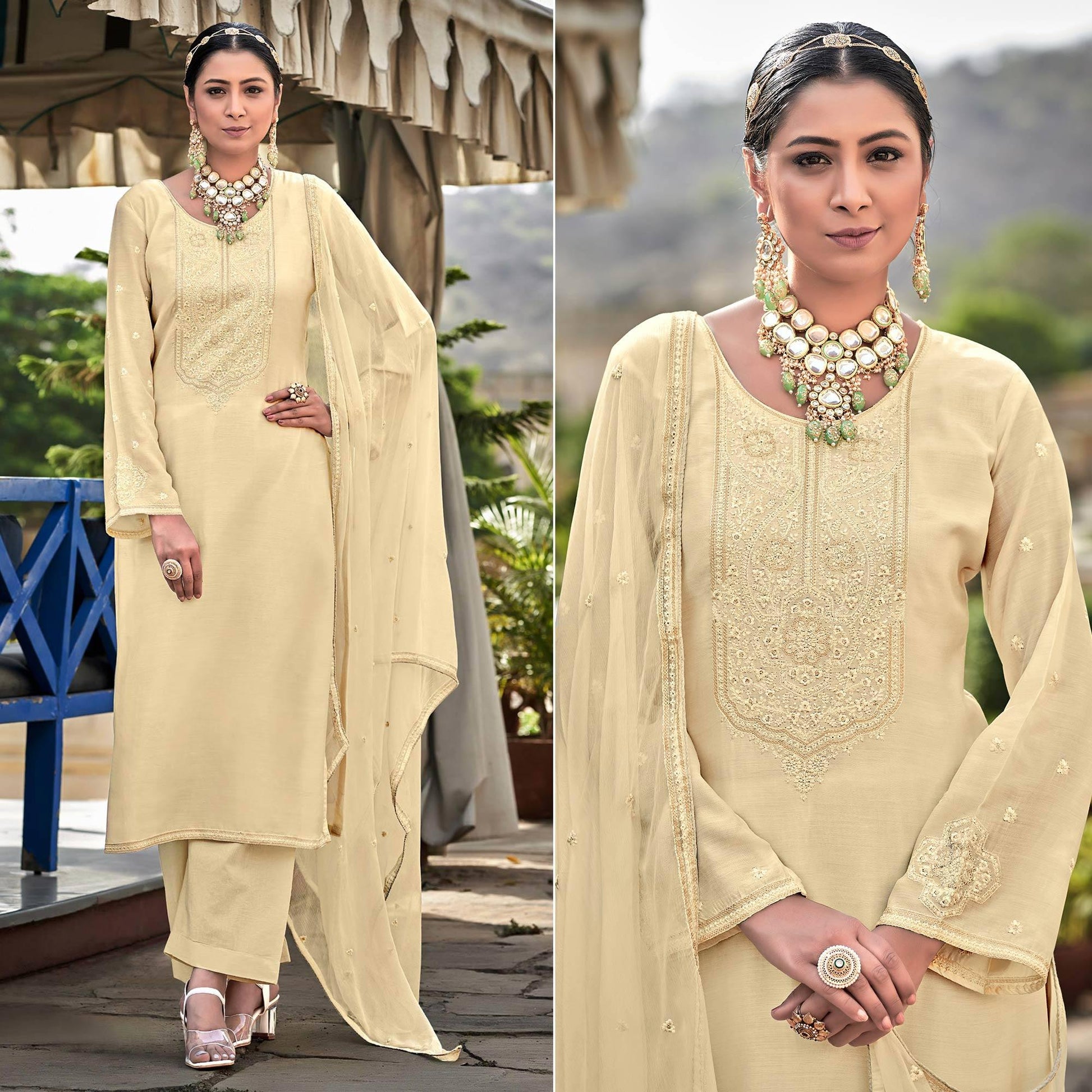 Cream Embroidered Cotton Silk Suit