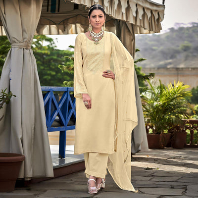 Cream Embroidered Cotton Silk Suit