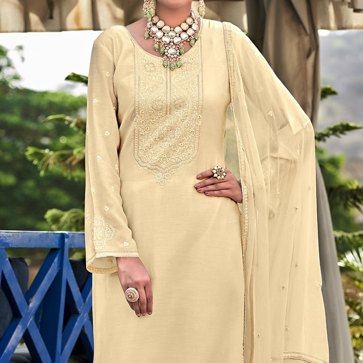 Cream Embroidered Cotton Silk Suit