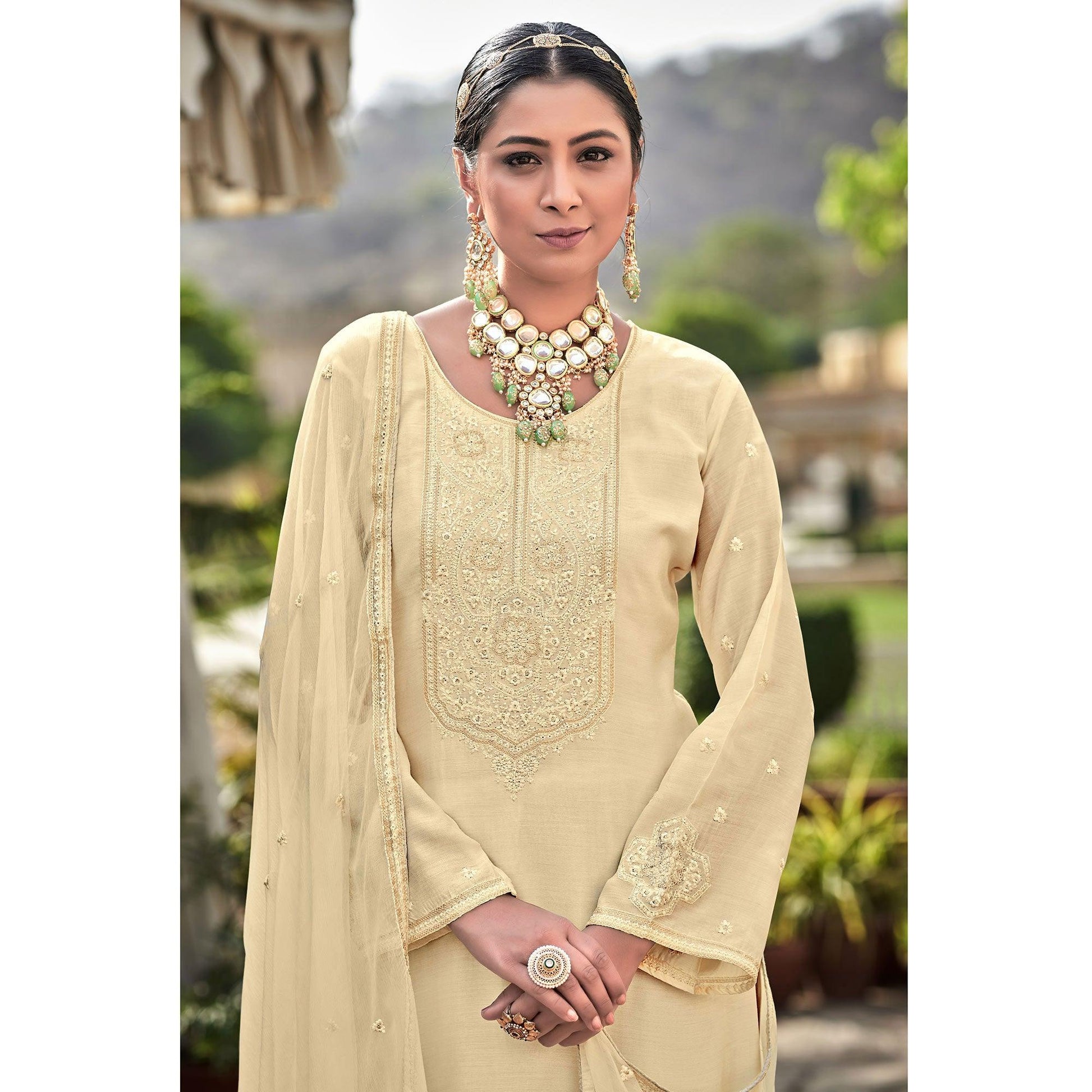 Cream Embroidered Cotton Silk Suit