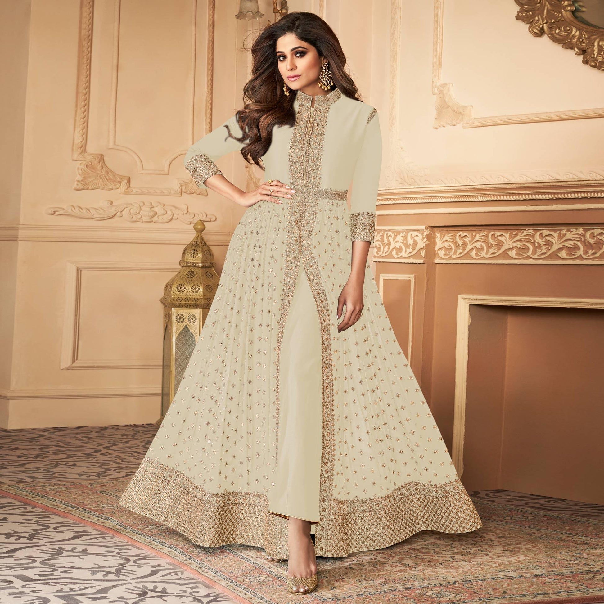 Cream Embroidered Georgette Partywear Gown