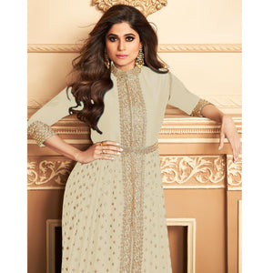 Cream Embroidered Georgette Partywear Gown