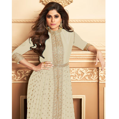Cream Embroidered Georgette Partywear Gown