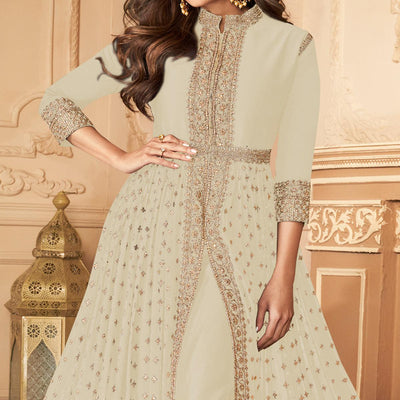 Cream Embroidered Georgette Partywear Gown