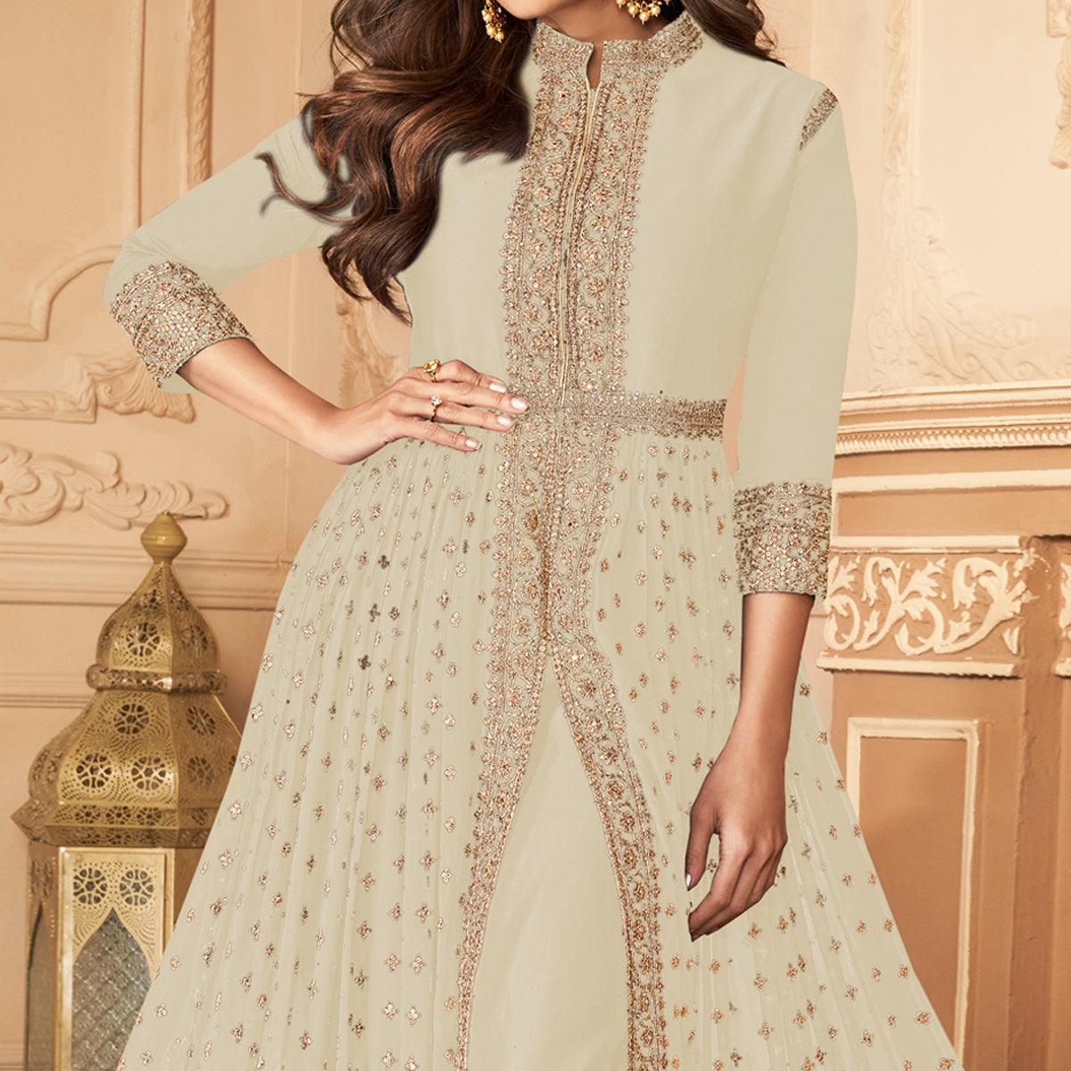 Cream Embroidered Georgette Partywear Gown