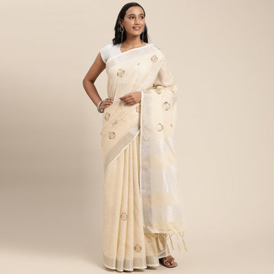 Cream Embroidered Linen Saree with Tassels