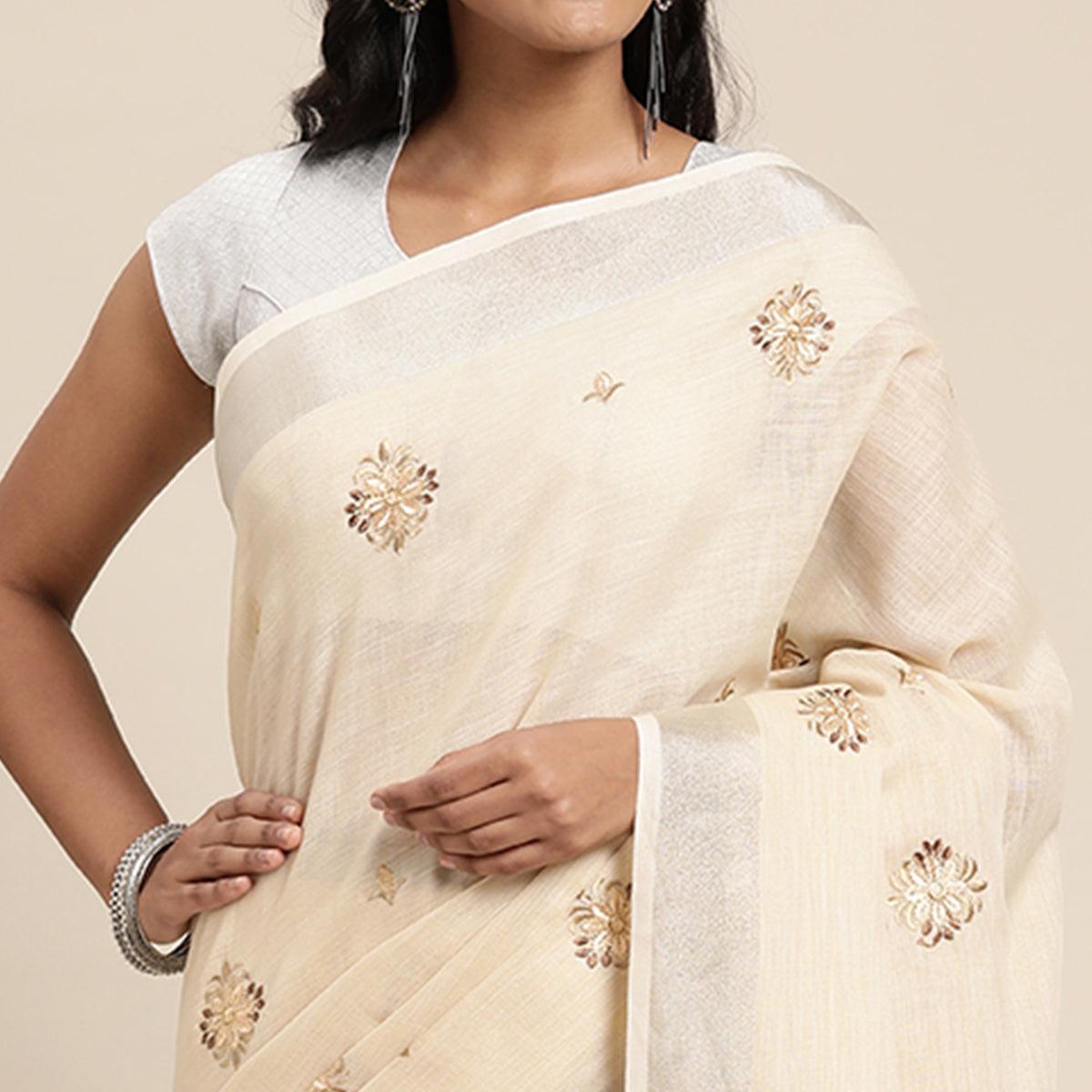 Cream Embroidered Linen Saree with Tassels