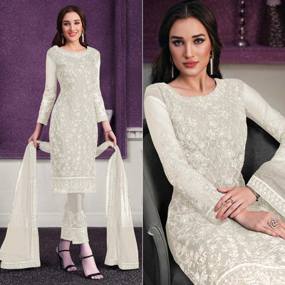 Cream Embroidered Netted Suit