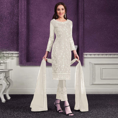 Cream Embroidered Netted Suit