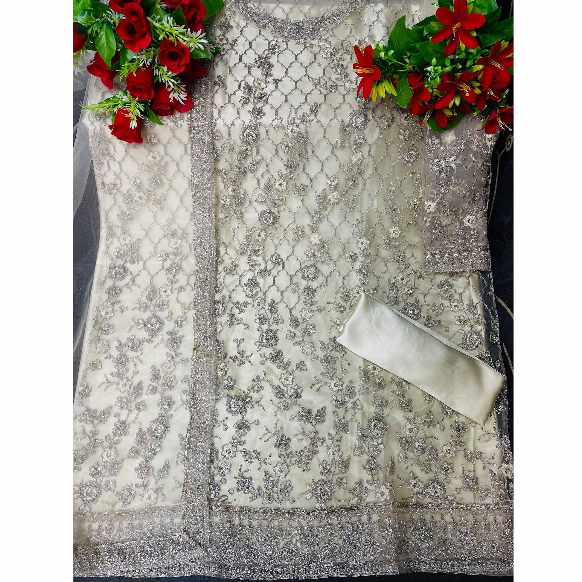 Cream Embroidered Netted Suit