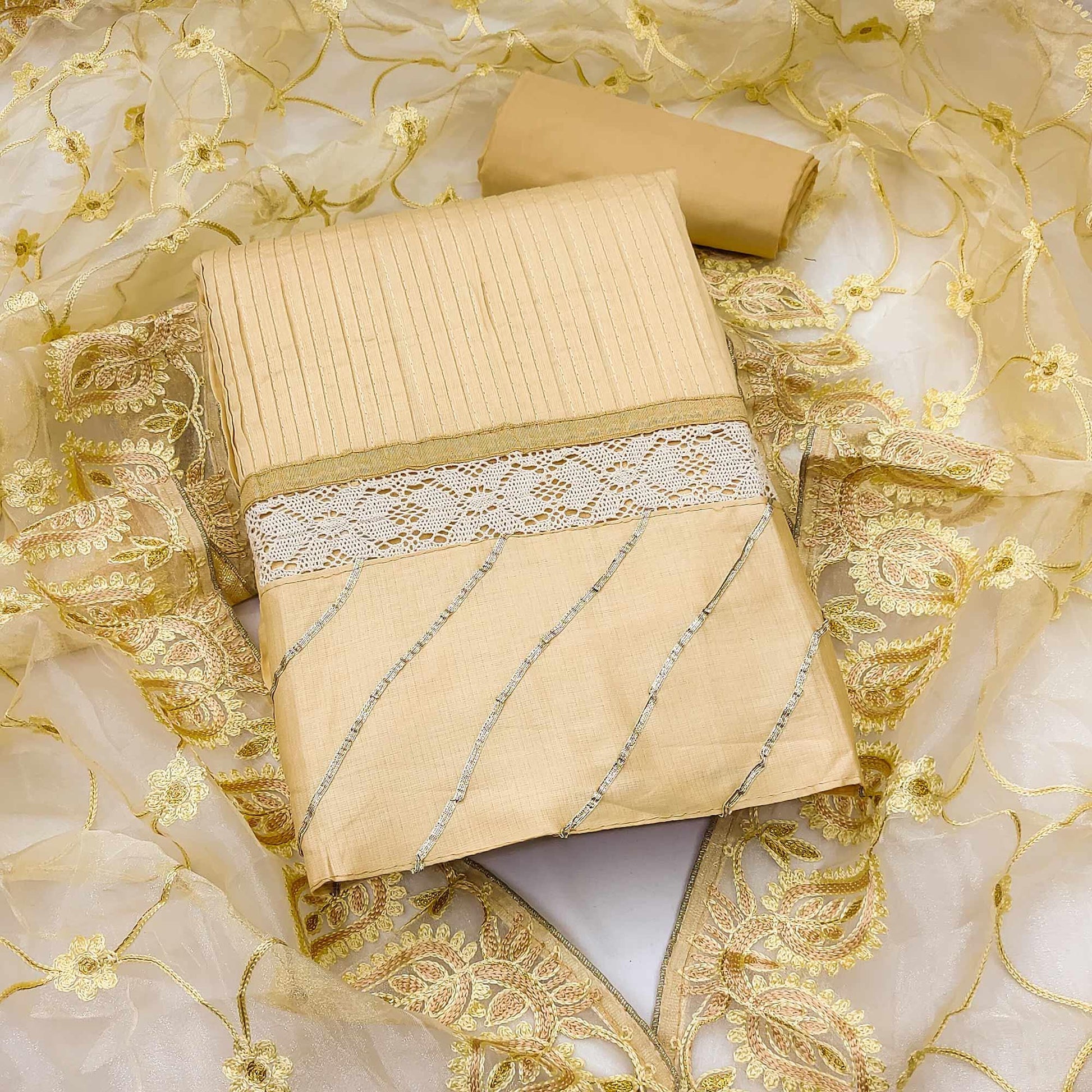Cream Embroidered Pure Cotton Dress Material