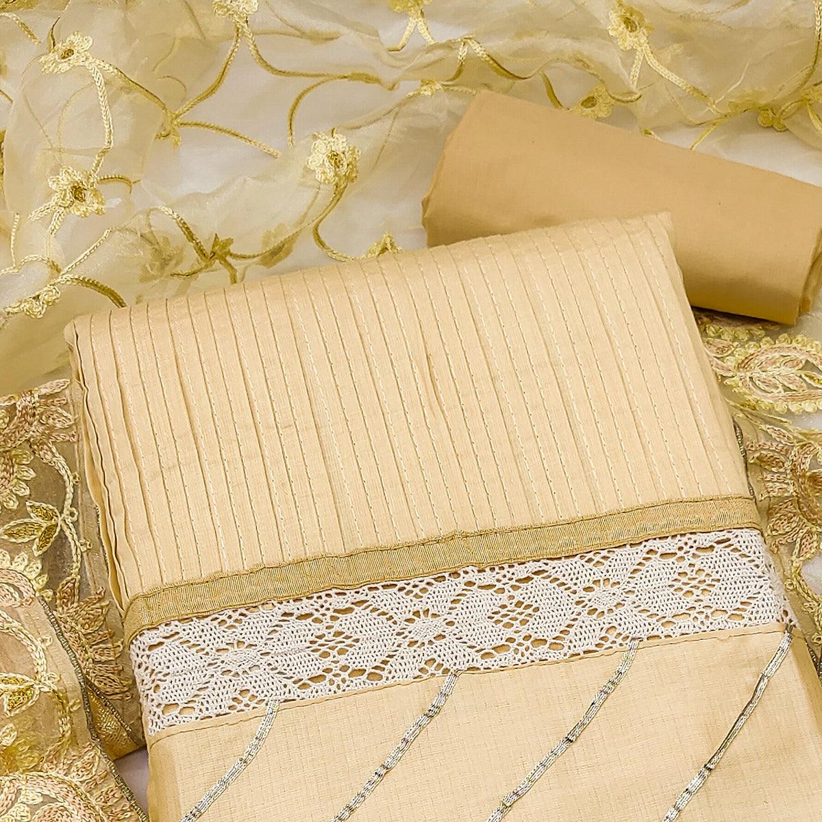 Cream Embroidered Pure Cotton Dress Material