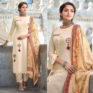Cream Embroidered Rayon Kurti Pant Set With Dupatta