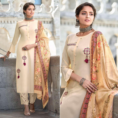 Cream Embroidered Rayon Kurti Pant Set With Dupatta