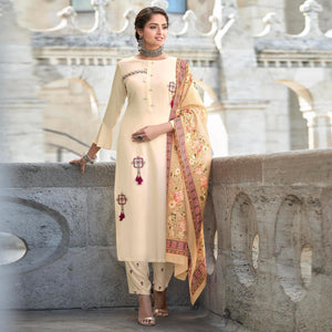 Cream Embroidered Rayon Kurti Pant Set With Dupatta