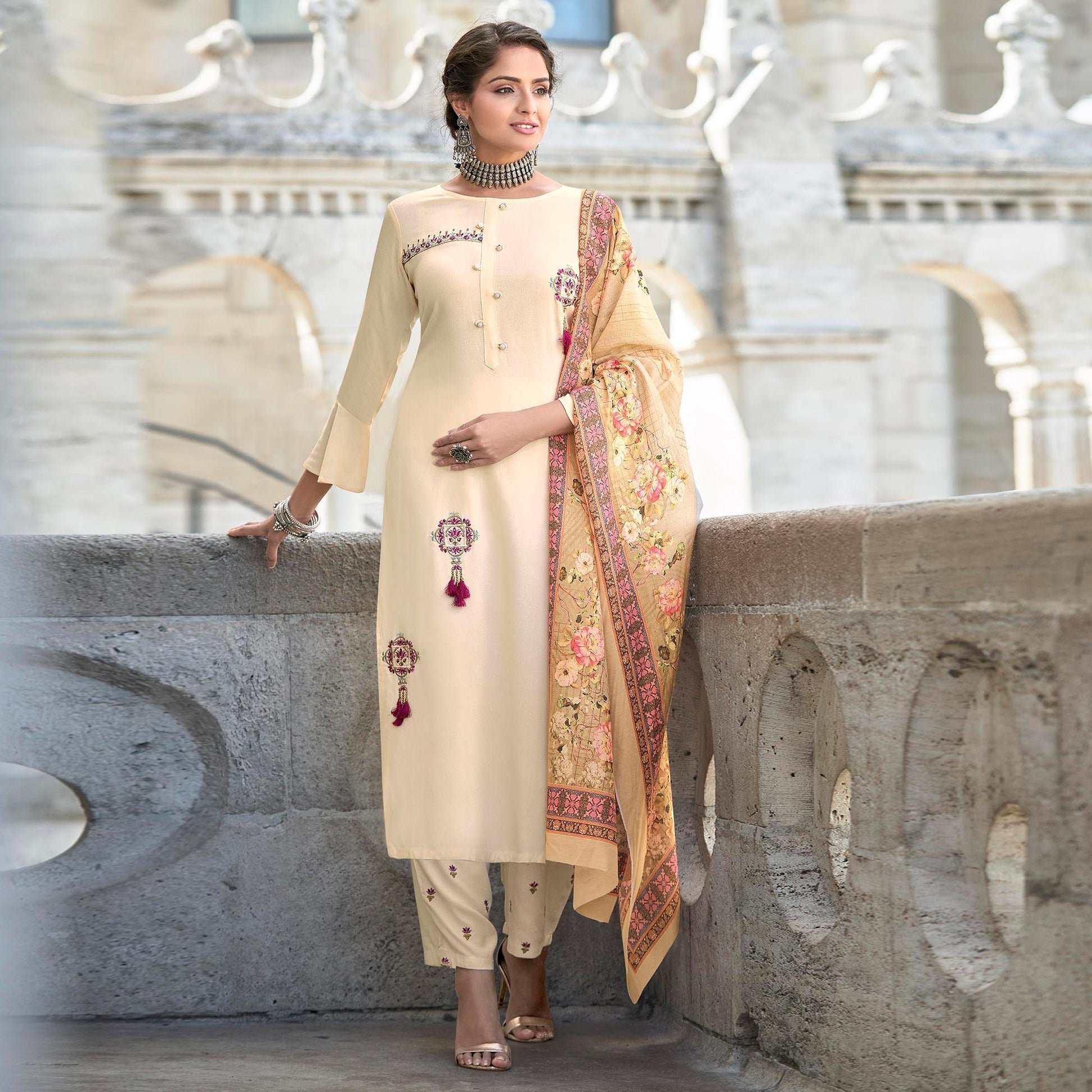 Cream Embroidered Rayon Kurti Pant Set With Dupatta