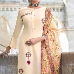 Cream Embroidered Rayon Kurti Pant Set With Dupatta