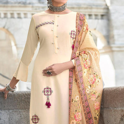 Cream Embroidered Rayon Kurti Pant Set With Dupatta