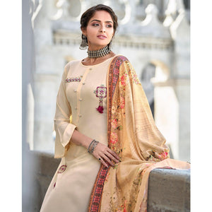 Cream Embroidered Rayon Kurti Pant Set With Dupatta