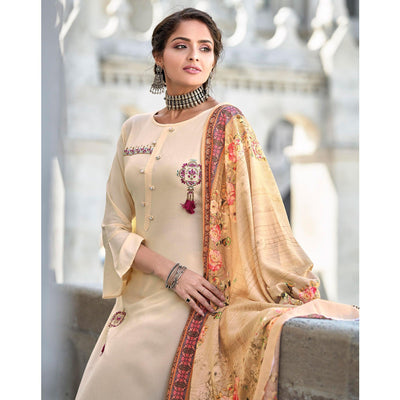 Cream Embroidered Rayon Kurti Pant Set With Dupatta