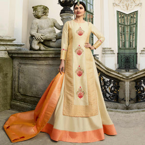 Cream Embroidered With Embellished Art Silk Lehenga Kameez With Dupatta