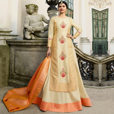 Cream Embroidered With Embellished Art Silk Lehenga Kameez With Dupatta