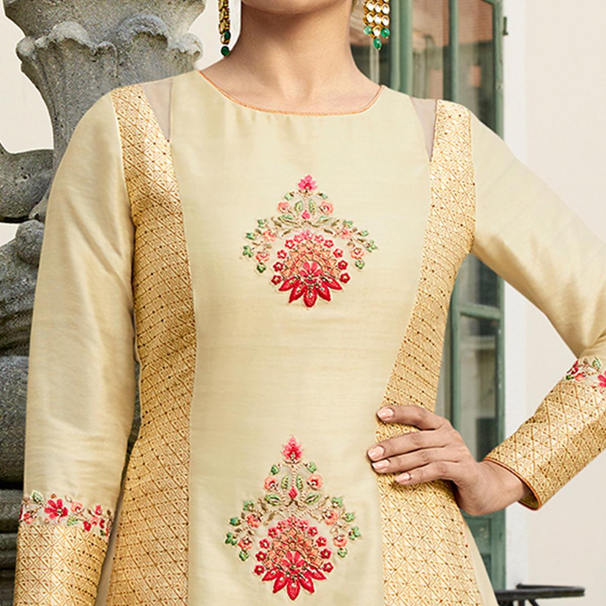 Cream Embroidered With Embellished Art Silk Lehenga Kameez With Dupatta