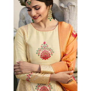 Cream Embroidered With Embellished Art Silk Lehenga Kameez With Dupatta