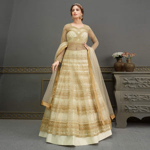 Cream Embroidered With Handwork Soft Net Partywear Gown