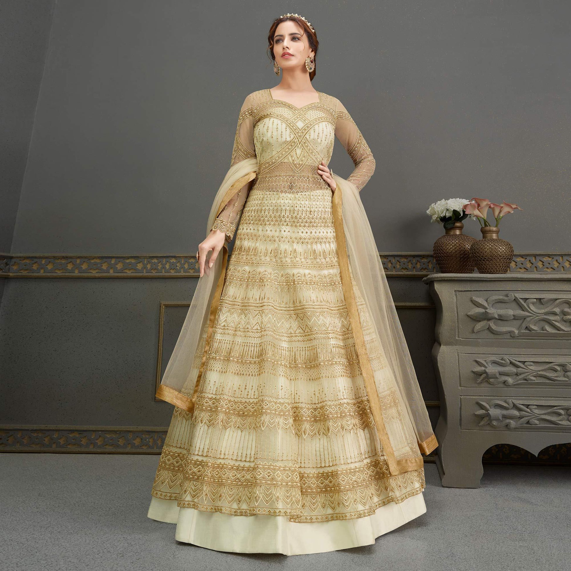 Cream Embroidered With Handwork Soft Net Partywear Gown